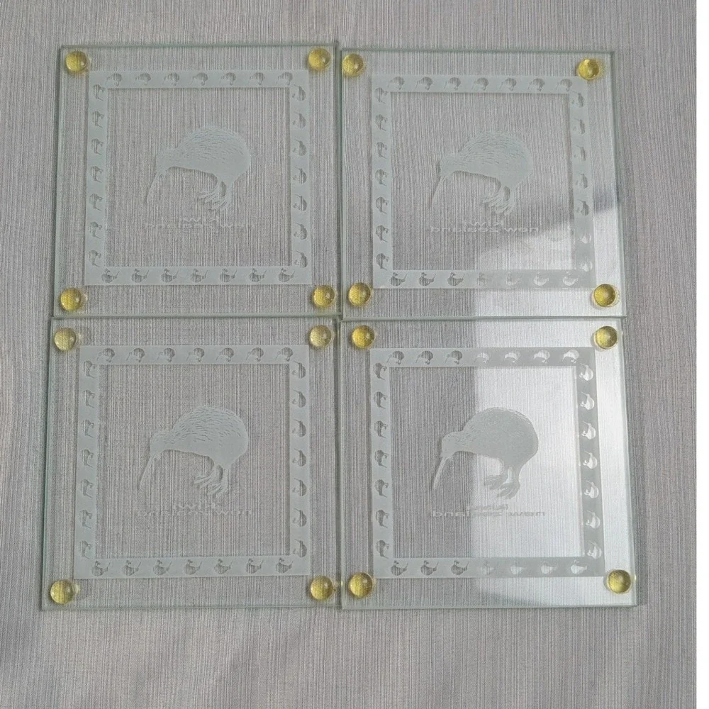 Pauamania Kiwi Glass Coaster Set of 4 RC401 Clear New Zealand Etched Art Glass
